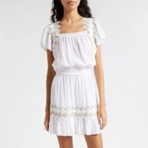 Ramy Brook Eyelet Trim Smocked Waist Mini Dress White Tan Boho Vacation Lrg NWT